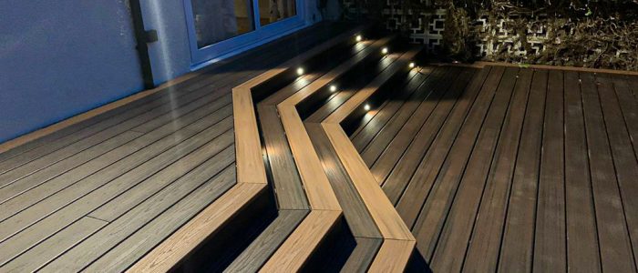 outdoor wooden deck night